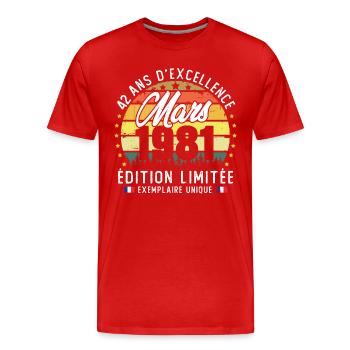 Vintage Cadeau Anniversaire 42 Ans Mars 1981 - T-shirt bio Premium Homme - rouge - Devant - Damien (186cm)