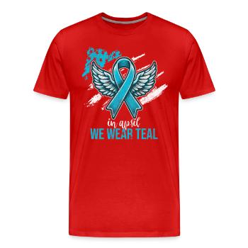 En avril, nous portons du bleu sarcelle - T-shirt bio Premium Homme - rouge - Devant - Damien (186cm)