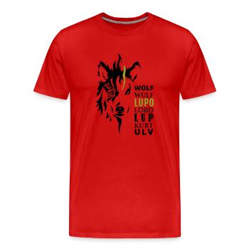 Motif loup GOWILD - en 7 langues - T-shirt bio Premium Homme - rouge - Devant - Damien (186cm)