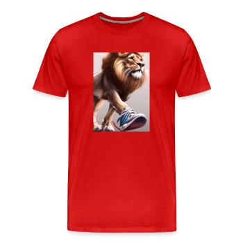 Löwe trägt Turnschuhe - Männer Premium Bio T-Shirt - Rot - Vorne - Damien (186cm)