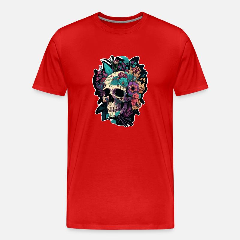 Menschlicher Schädel & Blumen 5 - Männer Premium Bio T-Shirt - Rot