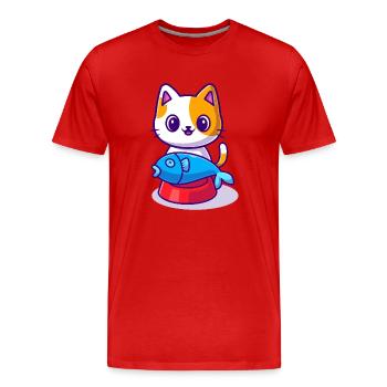Süße Katze mit Fisch auf dem Futternapf - Männer Premium Bio T-Shirt - Rot - Vorne - Damien (186cm)