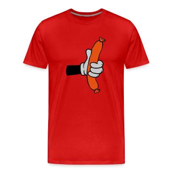 Comic Hand Holds Saucisse - T-shirt bio Premium Homme - rouge - Devant - Damien (186cm)