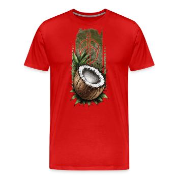 Tropical Bounty: Kokosnuss auf grünen Blättern - Männer Premium Bio T-Shirt - Rot - Vorne - Damien (186cm)