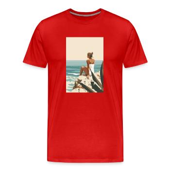 Ein Moment der Ruhe, Frau auf Felsen am Meer | AI - Männer Premium Bio T-Shirt - Rot - Vorne - Damien (186cm)