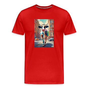 Vache colorée courant à travers la ville - T-shirt bio Premium Homme - rouge - Devant - Damien (186cm)