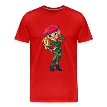 camouflage suit, army, red beret, blonde woman - Men's Premium Organic T-Shirt - red - Front - Damien (186cm)