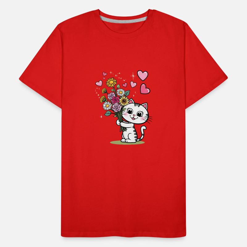 Chaton mignon avec bouquet de fleurs pour la Saint-Valentin T-shirt bio Premium Homme