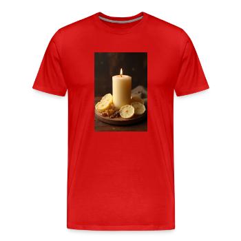 Bougie allumée avec banane sur bois rustique - T-shirt bio Premium Homme - rouge - Devant - Damien (186cm)