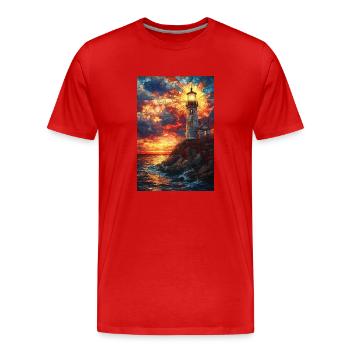 Buntglas-Leuchtturm Sonnenuntergang - Männer Premium Bio T-Shirt - Rot - Vorne - Damien (186cm)