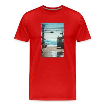 Japanische Zugüberfahrt am Meer - Männer Premium Bio T-Shirt - Rot - Vorne - Damien (186cm)