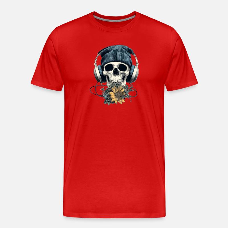 Schädel mit Kopfhörer und Blumen - Männer Premium Bio T-Shirt - Rot
