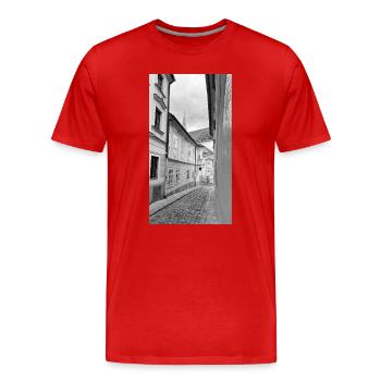 Une ruelle dans la vieille ville en noir et blanc - T-shirt bio Premium Homme - rouge - Devant - Damien (186cm)