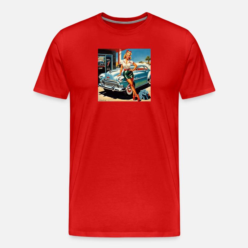 Retro Pinup am Oldtimer - Männer Premium Bio T-Shirt - Rot