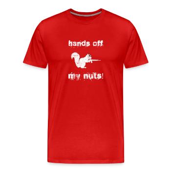 Hände weg von meinen Nüssen, paranoides Gun Nut Eichhörnchen - Männer Premium Bio T-Shirt - Rot - Vorne - Damien (186cm)