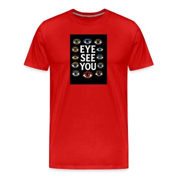 Massacre des yeux avec des yeux et du texte multicolores - T-shirt bio Premium Homme - rouge - Devant - Damien (186cm)