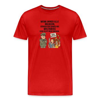 Weltkrieg? Nicht mit uns! – Satirischer Protest - Männer Premium Bio T-Shirt - Rot - Vorne - Damien (186cm)