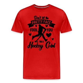Don't Let The Pretty Face Floor Ball Hockey Player - Men's Premium Organic T-Shirt - red - Front - Damien (186cm)