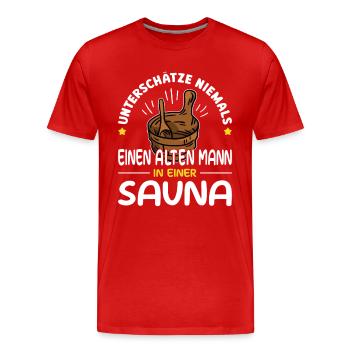 Ne sous-estimez jamais un vieil homme dans un sauna - T-shirt bio Premium Homme - rouge - Devant - Damien (186cm)