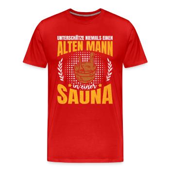 Ne sous-estimez jamais un vieil homme dans un sauna - T-shirt bio Premium Homme - rouge - Devant - Damien (186cm)