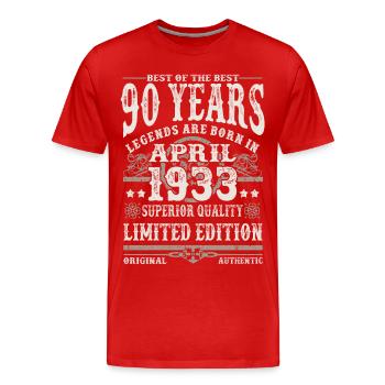 Born in April 1933 - 90 years old - Men's Premium Organic T-Shirt - red - Front - Damien (186cm)