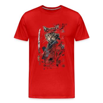 Katze Samurai Lustiges Geschenk - Männer Premium Bio T-Shirt - Rot - Vorne - Damien (186cm)