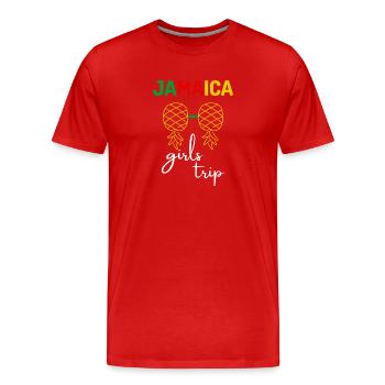 Jamaica Girls Trip 2023 group matching, green text - Men's Premium Organic T-Shirt - red - Front - Damien (186cm)