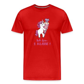 Unicorn with sugar bag First class - Men's Premium Organic T-Shirt - red - Front - Damien (186cm)