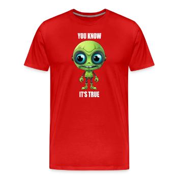 Tête de cyborg extraterrestre vert avec des dents - « Vous le savez » - T-shirt bio Premium Homme - rouge - Devant - Damien (186cm)