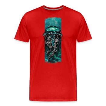 Azure Drift: Cyan Jellyfish Design - Men's Premium Organic T-Shirt - red - Front - Damien (186cm)