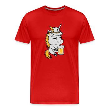 Licorne assise buvant de la bière - T-shirt bio Premium Homme - rouge - Devant - Damien (186cm)