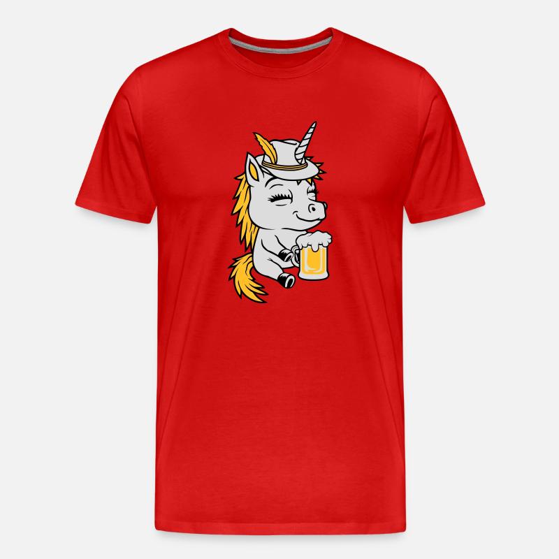 Bier trinkendes sitzendes Einhorn - Männer Premium Bio T-Shirt - Rot