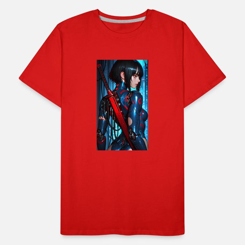 3D Blue/Red Cyberpunk Samurai Warrior with Katana Men's Premium Organic T-Shirt