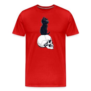 Cute kitten sitting on a skull - Men's Premium Organic T-Shirt - red - Front - Damien (186cm)
