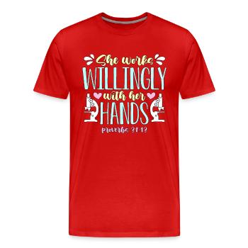 Technicienne de laboratoire, elle travaille volontiers en sciences médicales - T-shirt bio Premium Homme - rouge - Devant - Damien (186cm)