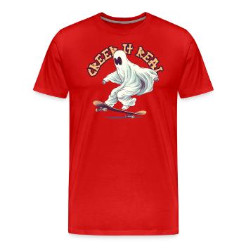 Drôle de fantôme de skateboard avec jeu de mots d’Halloween - T-shirt bio Premium Homme - rouge - Devant - Damien (186cm)