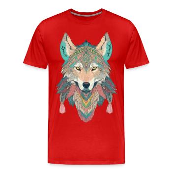 Animal spirituel, loup, plume, symbole de protection, pastel - T-shirt bio Premium Homme - rouge - Devant - Damien (186cm)