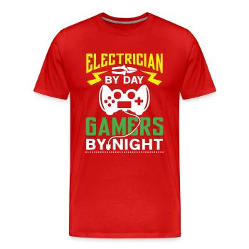 Electrician by Day Gamers by Night - arcade player - Men's Premium Organic T-Shirt - red - Front - Damien (186cm)