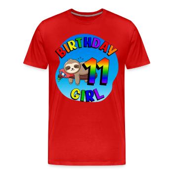 Anniversaire 11 Filles Mignon Bébé Paresseux - T-shirt bio Premium Homme - rouge - Devant - Damien (186cm)