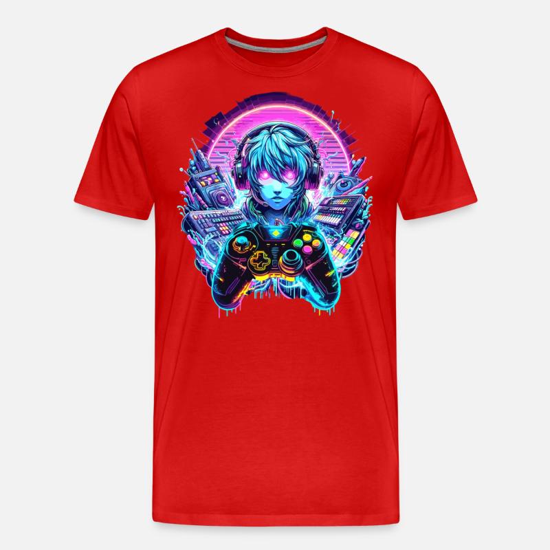 Gamer Headset Anime Synthwave Art - Männer Premium Bio T-Shirt - Rot