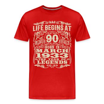 March 1933 - 90 years old - 90th birthday - Men's Premium Organic T-Shirt - red - Front - Damien (186cm)