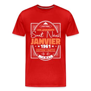 Janvier 1961 | Vintage Anniversaire Rétro - T-shirt bio Premium Homme - rouge - Devant - Damien (186cm)