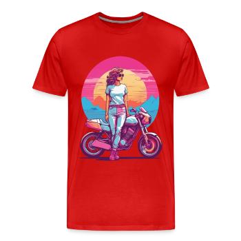Retro Synthwave Motorcycle Biker Girl Style - Men's Premium Organic T-Shirt - red - Front - Damien (186cm)