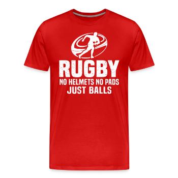 rugby no helmets no pads just balls - Men's Premium Organic T-Shirt - red - Front - Damien (186cm)