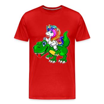 Einhorn reitet auf Dinosaurier - Einhorn Dino - Männer Premium Bio T-Shirt - Rot - Vorne - Damien (186cm)