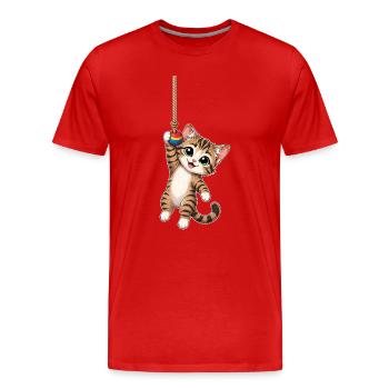 Katze hängt am Seil - Männer Premium Bio T-Shirt - Rot - Vorne - Damien (186cm)