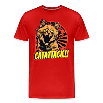 Wütende Kampfkatze mit gelben Augen im Angriff - Männer Premium Bio T-Shirt - Rot - Vorne - Damien (186cm)