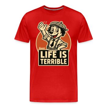 Chien souriant – La vie est terrible - T-shirt bio Premium Homme - rouge - Devant - Damien (186cm)