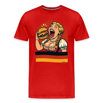 Dirndl-Frau isst Riesen-Burger - Männer Premium Bio T-Shirt - Rot - Vorne - Damien (186cm)