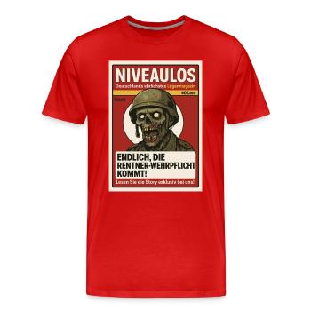 Satire Magazin mit Zombie Soldat und Schlagzeile - Männer Premium Bio T-Shirt - Rot - Vorne - Damien (186cm)